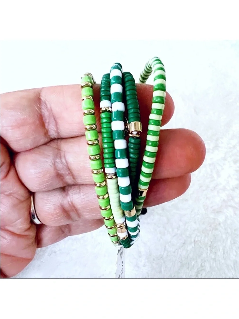 J. Crew Green and Gold 5 piece Beaded Bracelet set